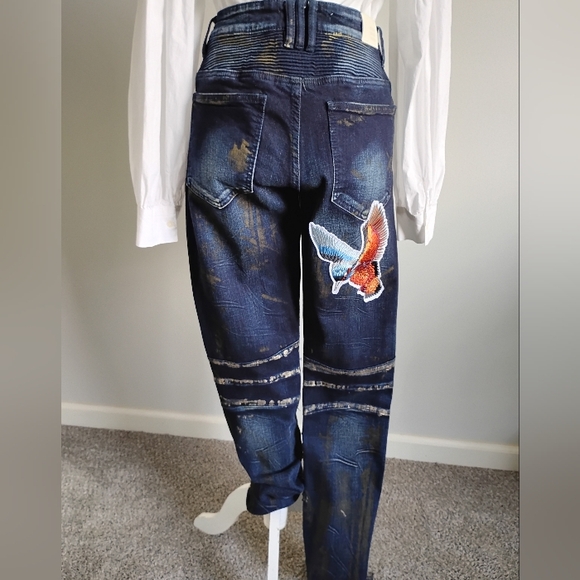 Embellish Distressed Embroidered Patched Spencer Biker Denim Jeans Size 30 - Picture 7 of 15